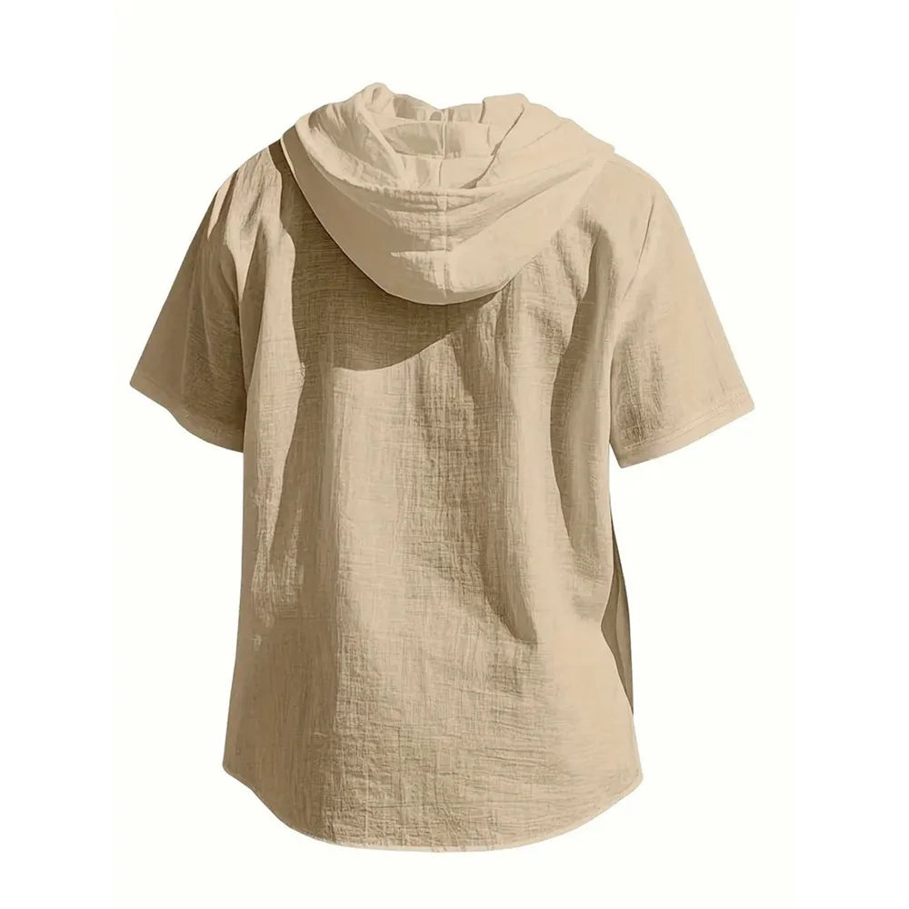 Cotton Linen Shirt for Men Hooded Short Sleeve Solid Color Breathable Lightweight Drawstring Design Shirts Casual Basic Tees